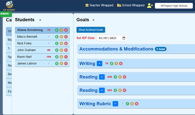 Goal tracking view showing students, goals, and accommodations
